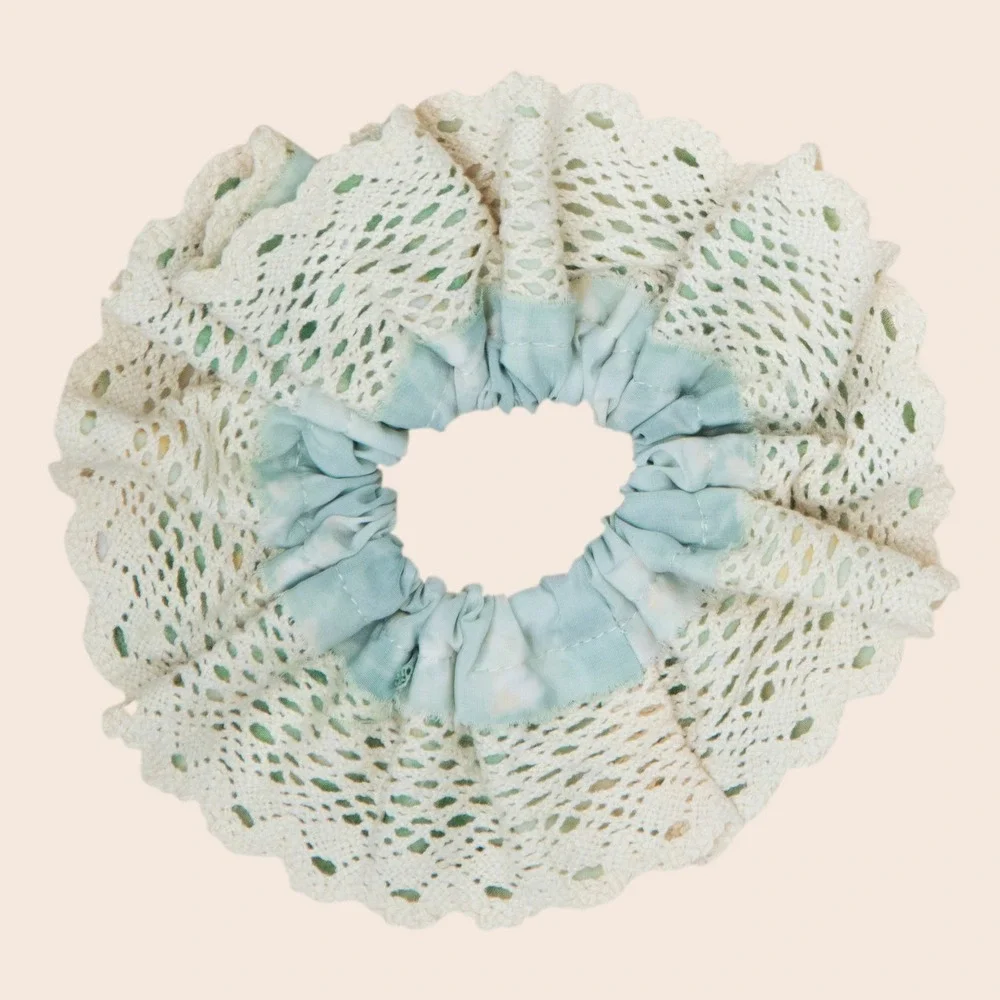 Sage Green Tie Dye Lace Trim Oversized Scrunchie Hair Tie Boho Cottagecore